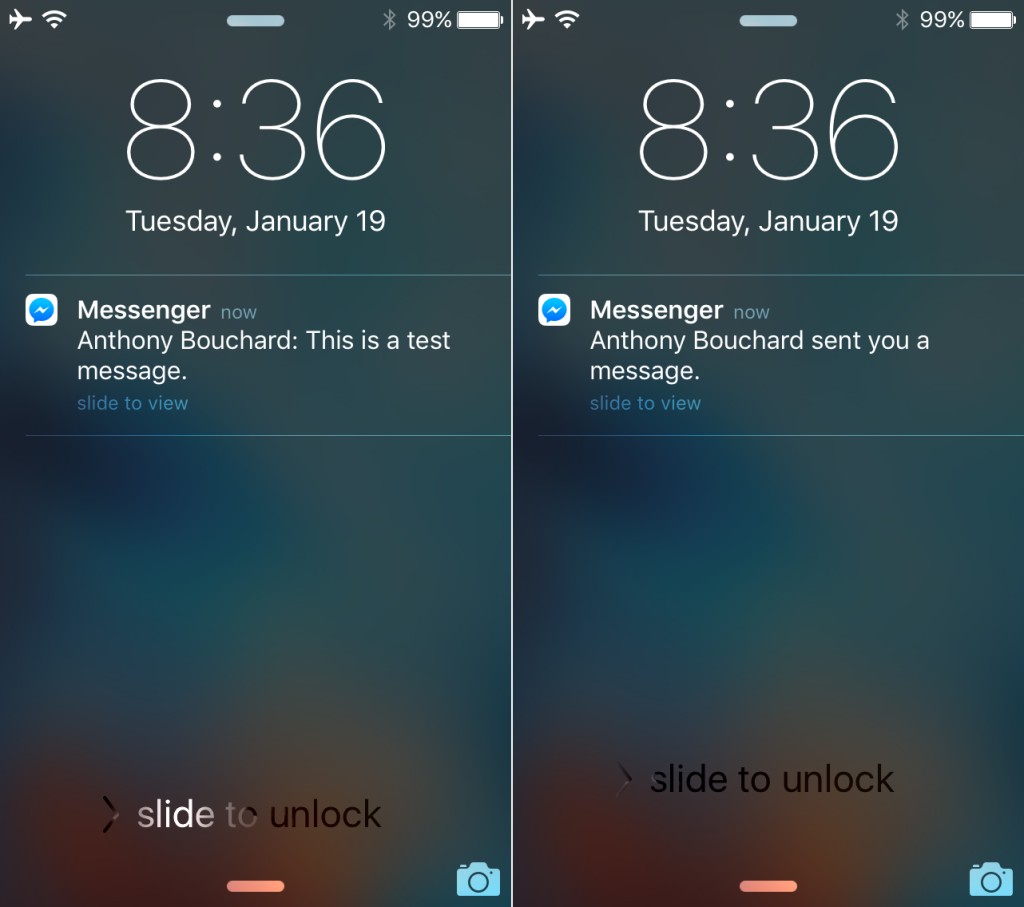 Hide Facebook Messenger notification previews from the Lock screen for