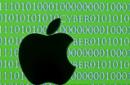 Picture illustration of a 3D printed Apple logo seen in front of a displayed cyber code