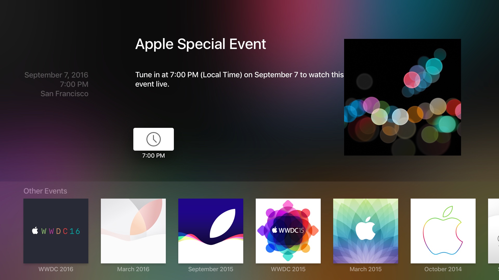 Apple Events app updated on Apple TV with text and graphics for iPhone 7 keynote