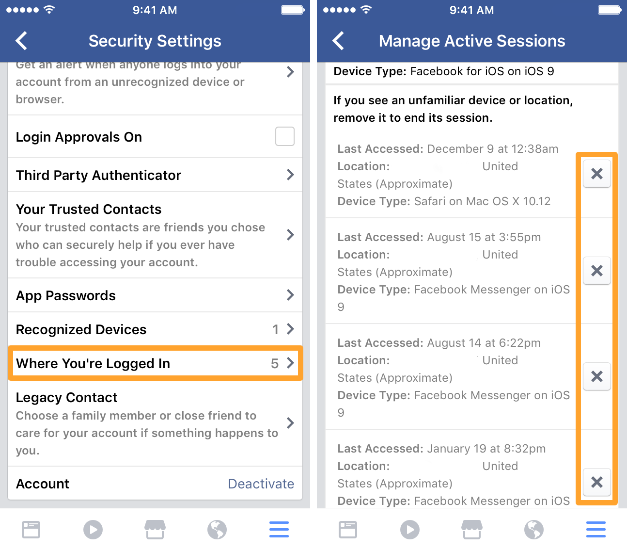 how to log out my facebook account from other devices