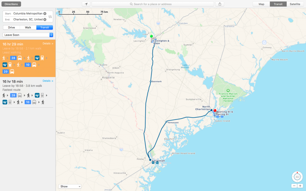 Apple Maps transit directions now available in Columbia, Charleston and