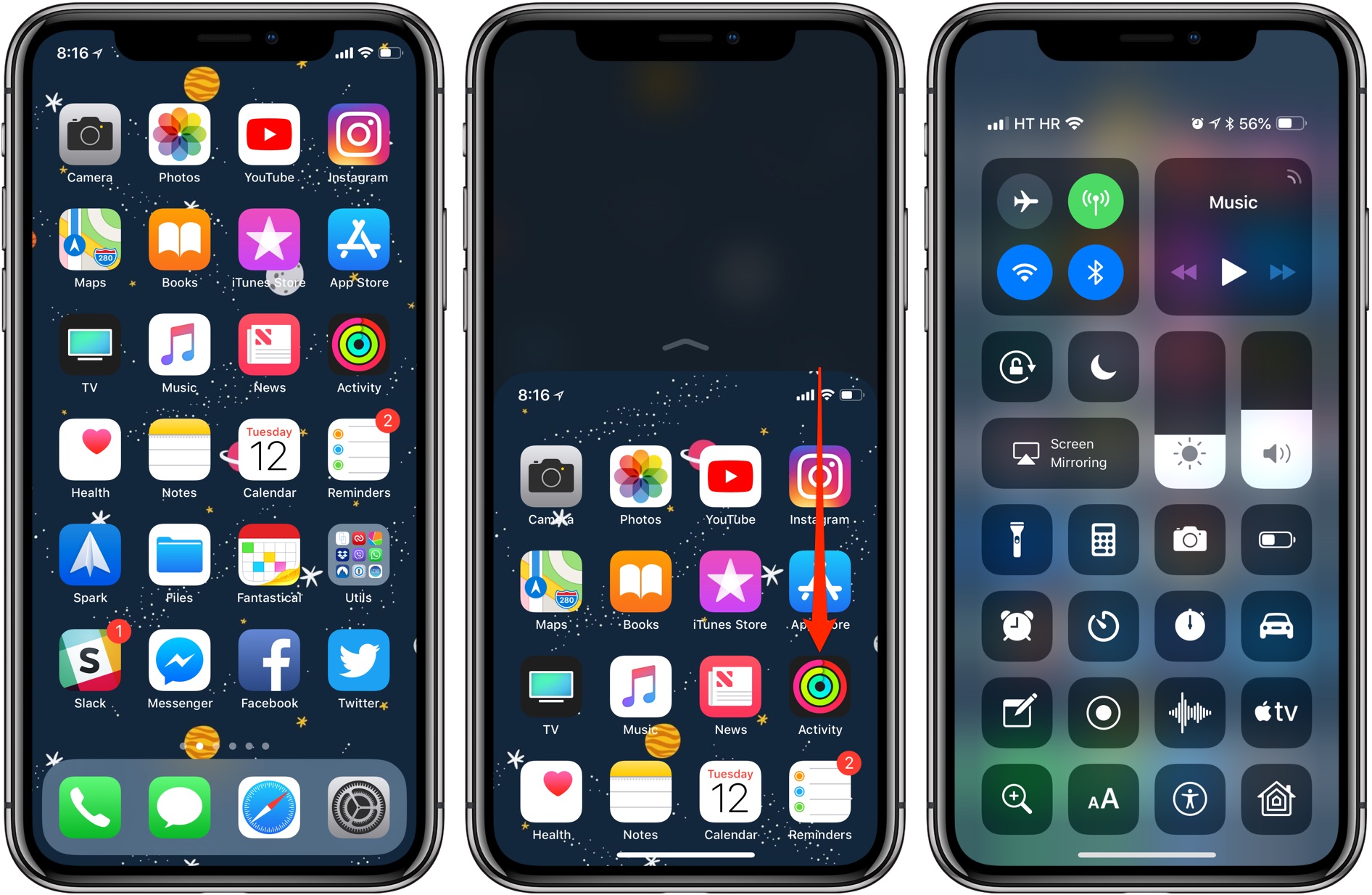 Reachability on iOS 12: pulling down Control Center from the middle-right corner of the display