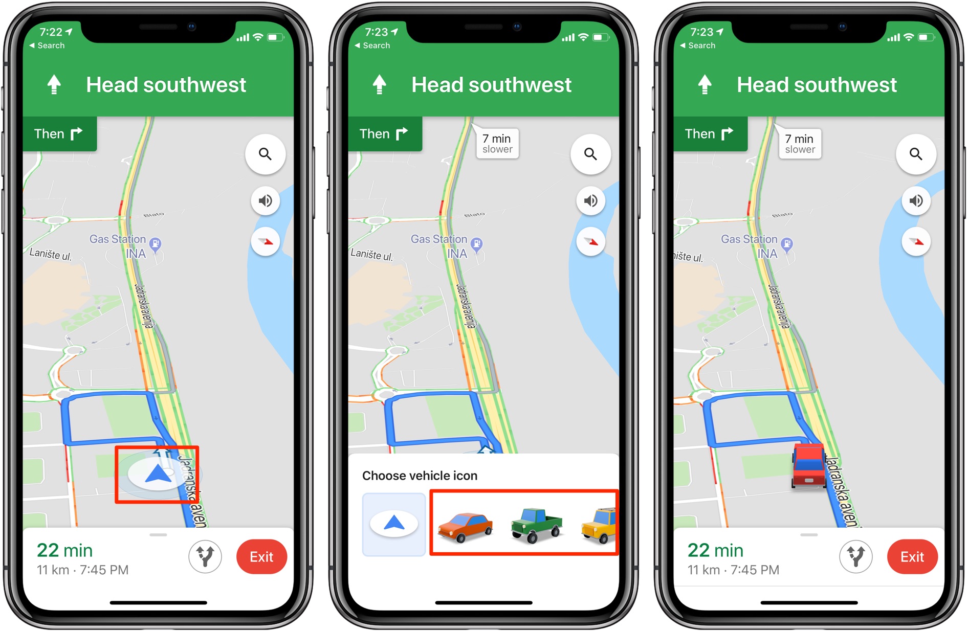 Google Maps: how to swap out driving navigation arrow for vehicle icons