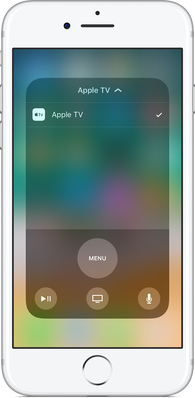 A screenshot showing selecting an Apple TV from a list from the Apple TV Remote widget in iOS's Control Center