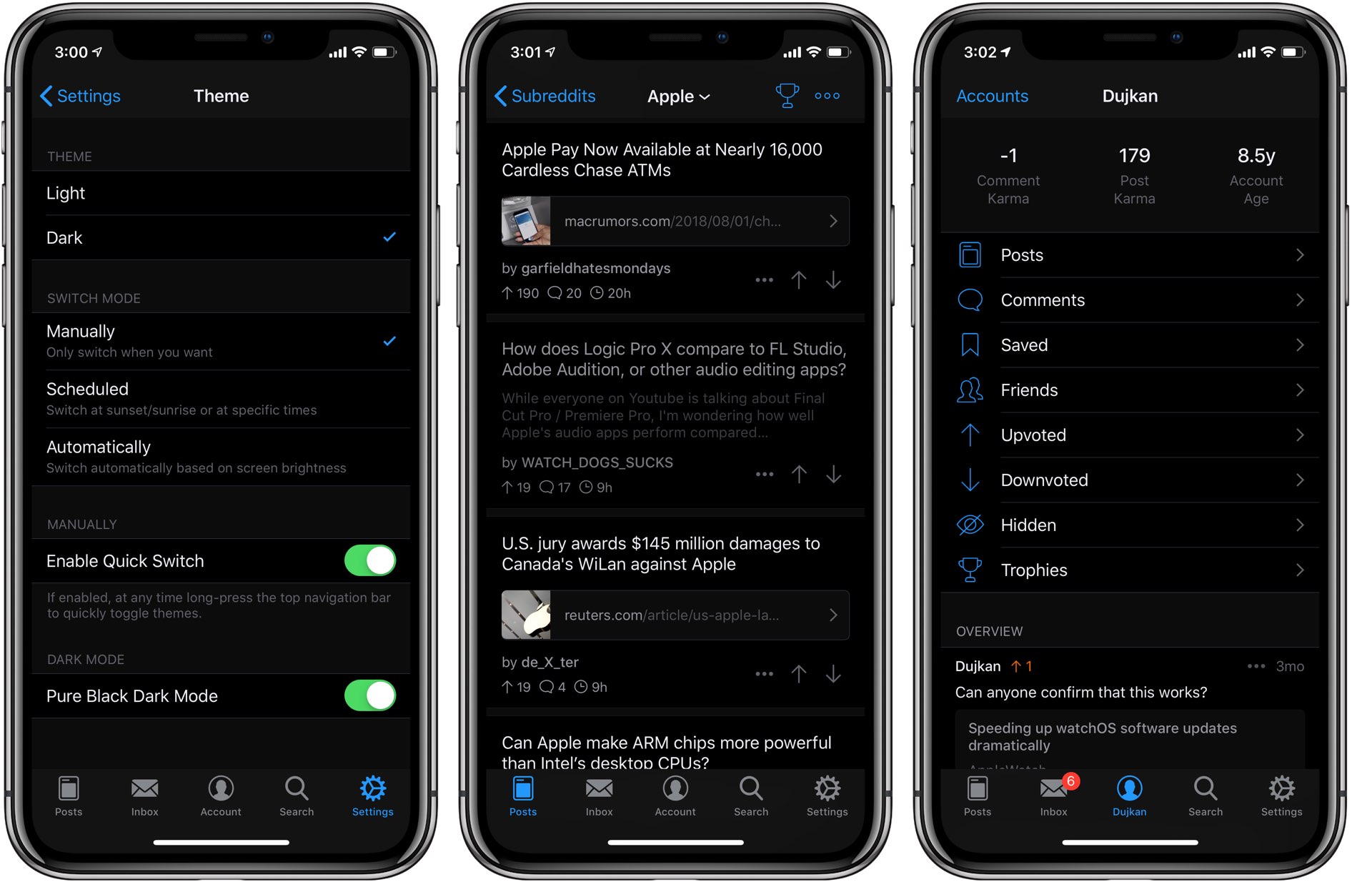 A screenshot showing Apollo's Dark Mode interface with the Pure Black option selected