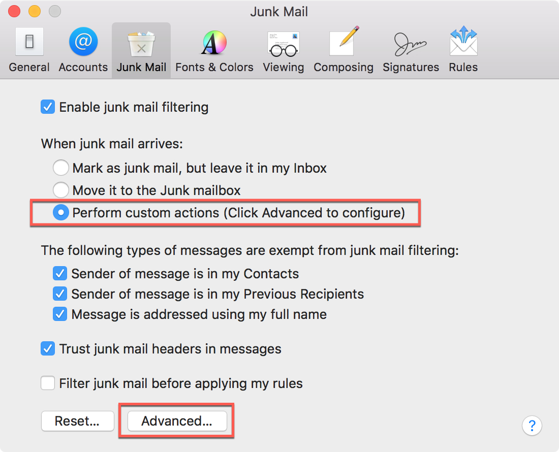 junk mail settings on mac