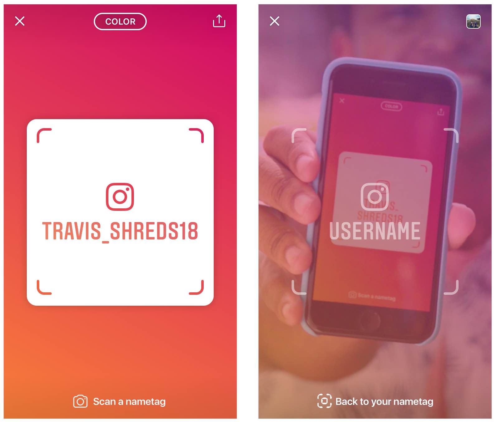 Instagram nametag - a screenshot showing how to scan a person's Instagram nametag