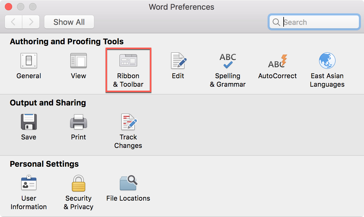 Word Ribbon And Toolbar in Preferences