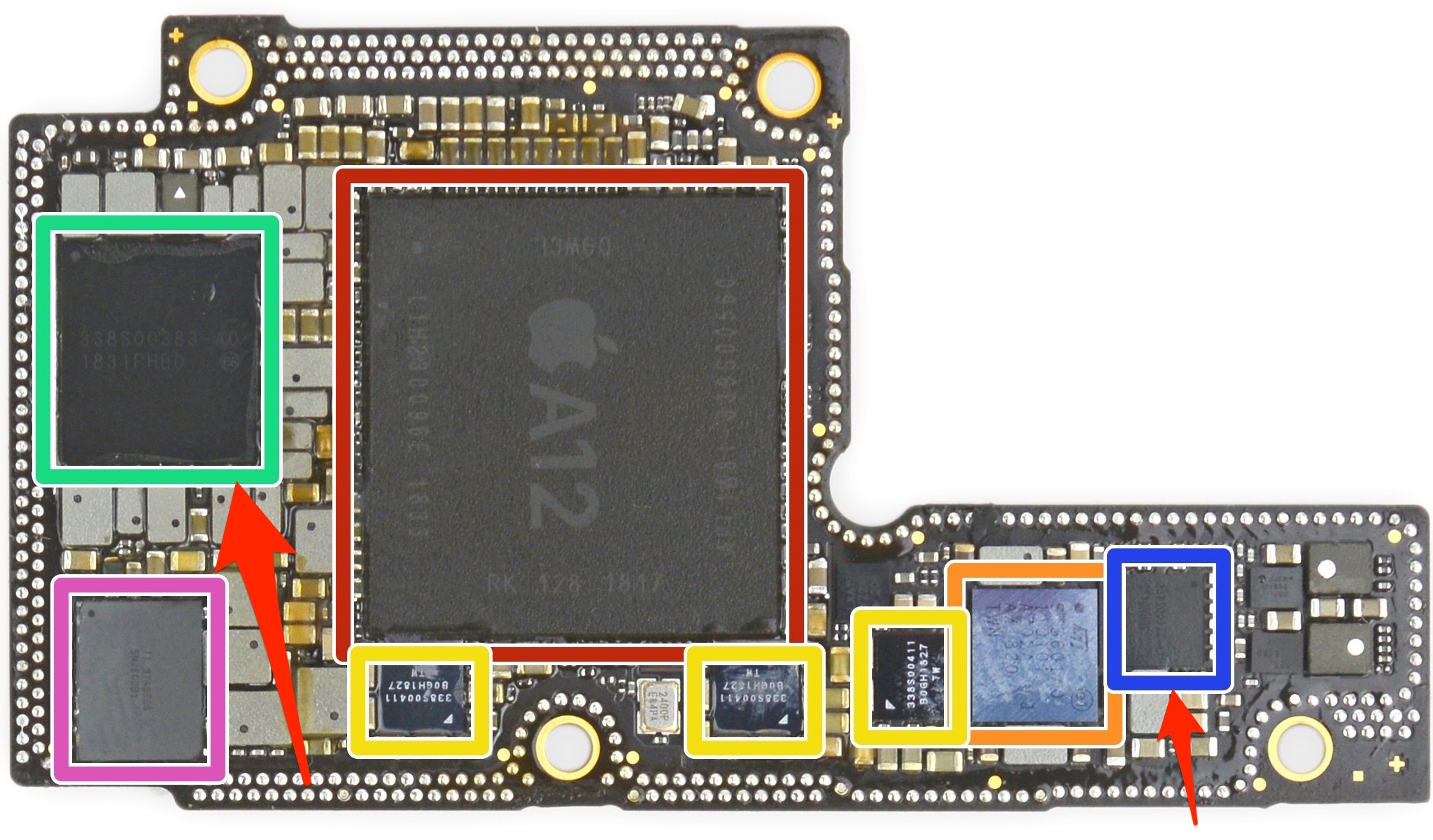 Apple Dialog deal - a teardown image showing the location of Dialog's power-management chips on the iPhone XS logic board