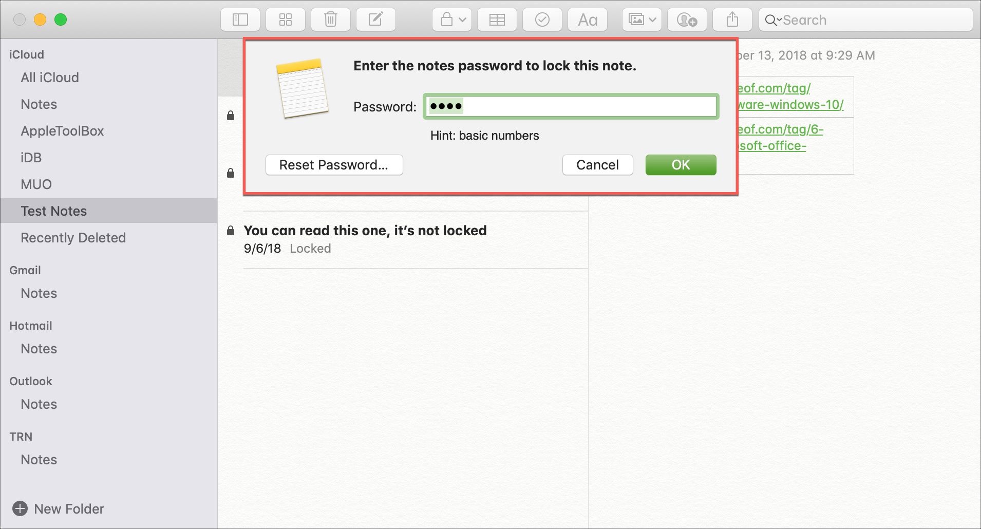 Reset Password After Attemptes Notes on Mac