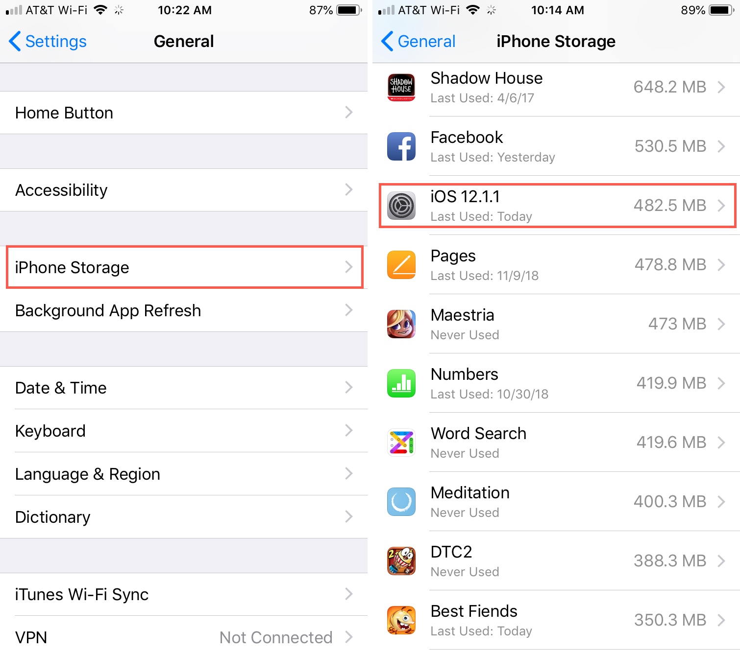 iPhone Storage Recent iOS File