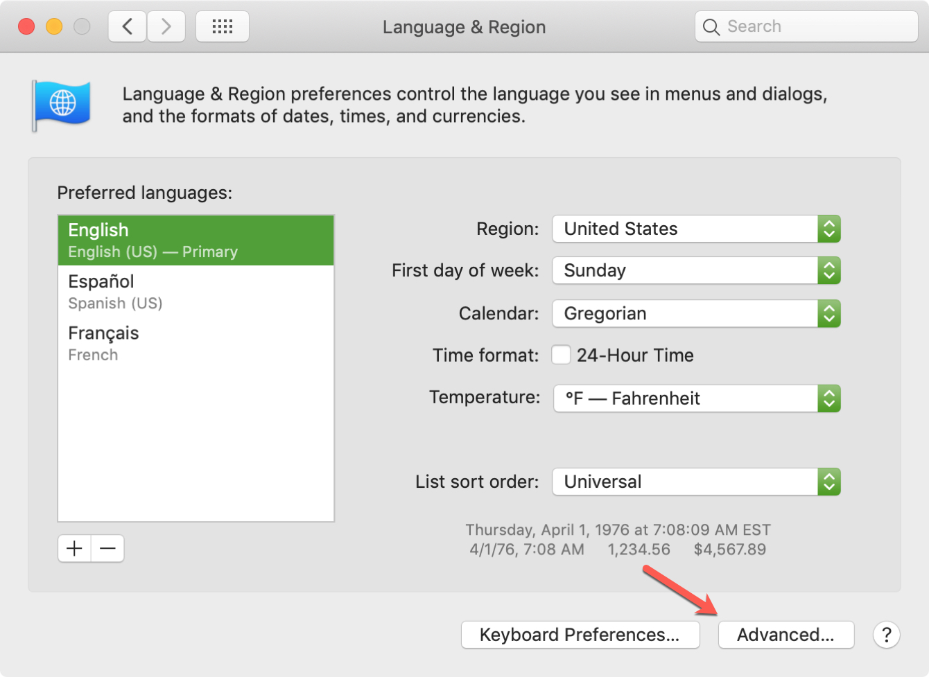 Language and Region Advanced on Mac