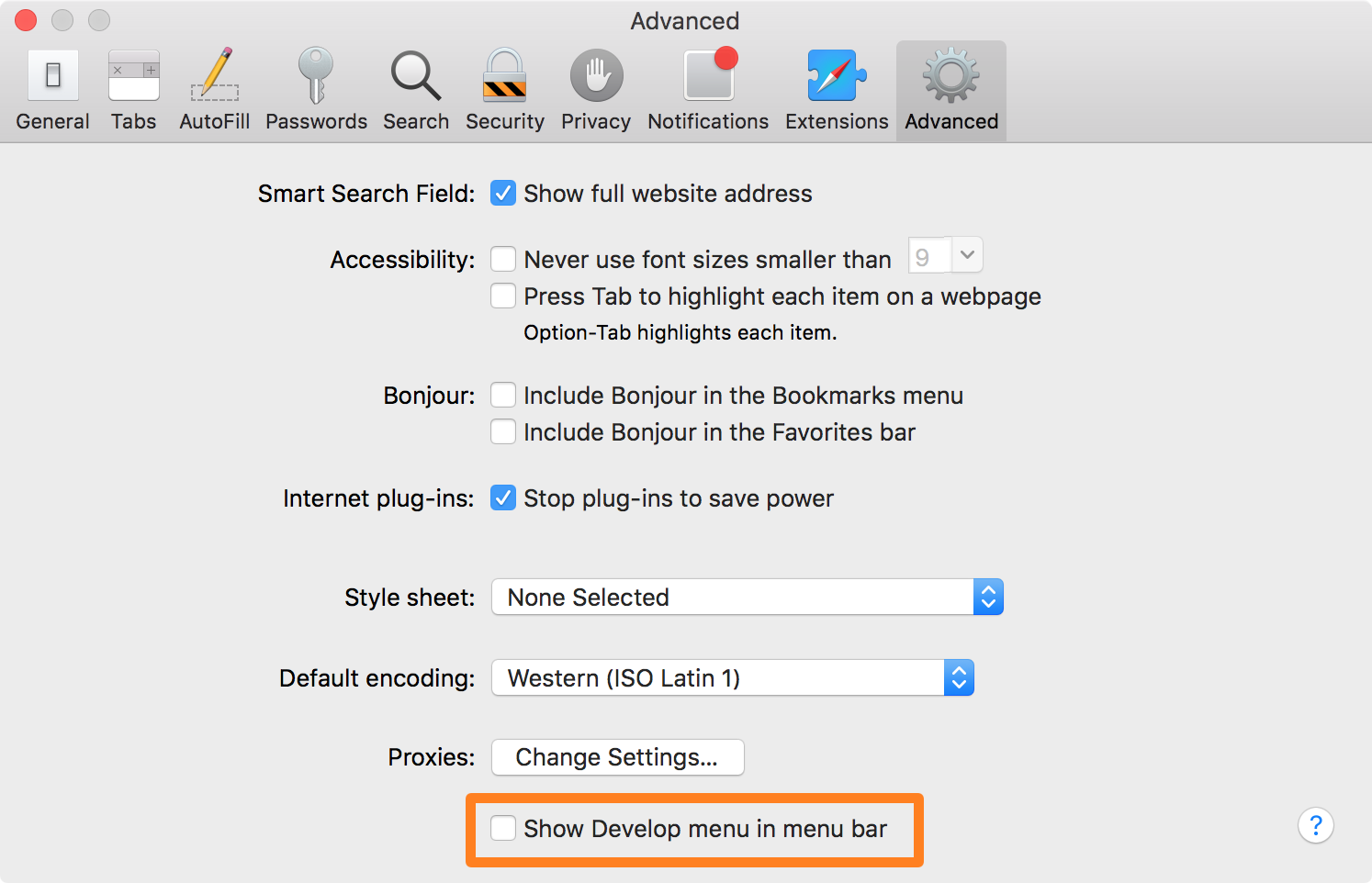 Safari preferences - show Develop in menu bar