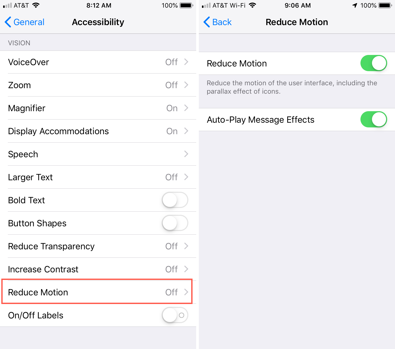 Settings Accessibility Reduce Motion on iPhone