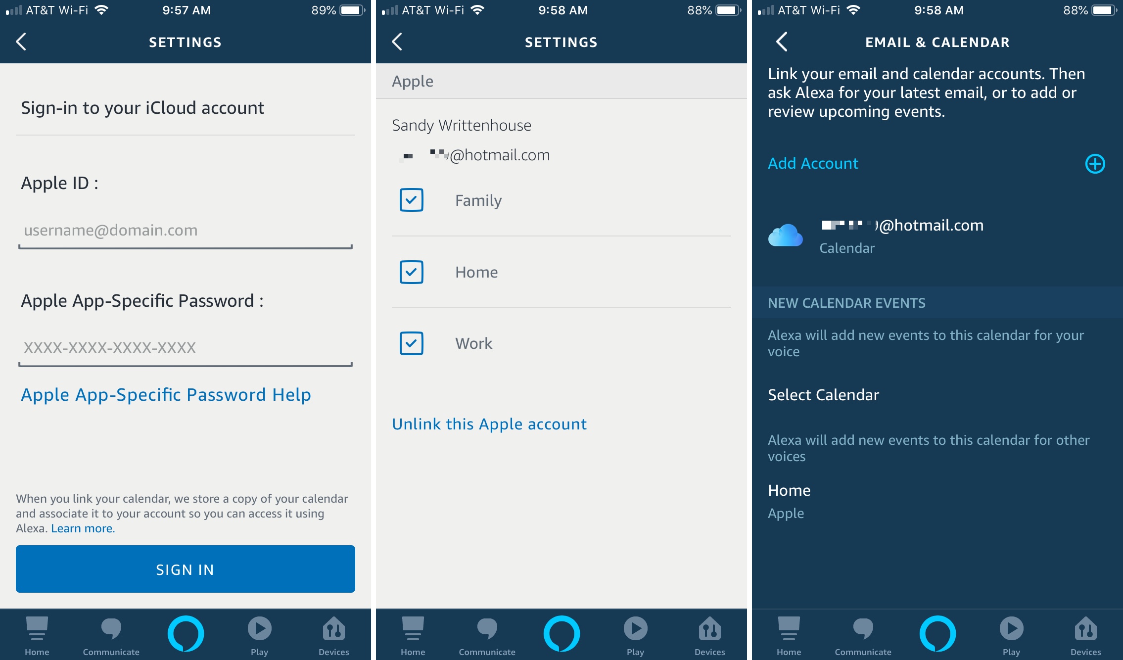Alexa Settings Connect iCloud Calendar iPhone