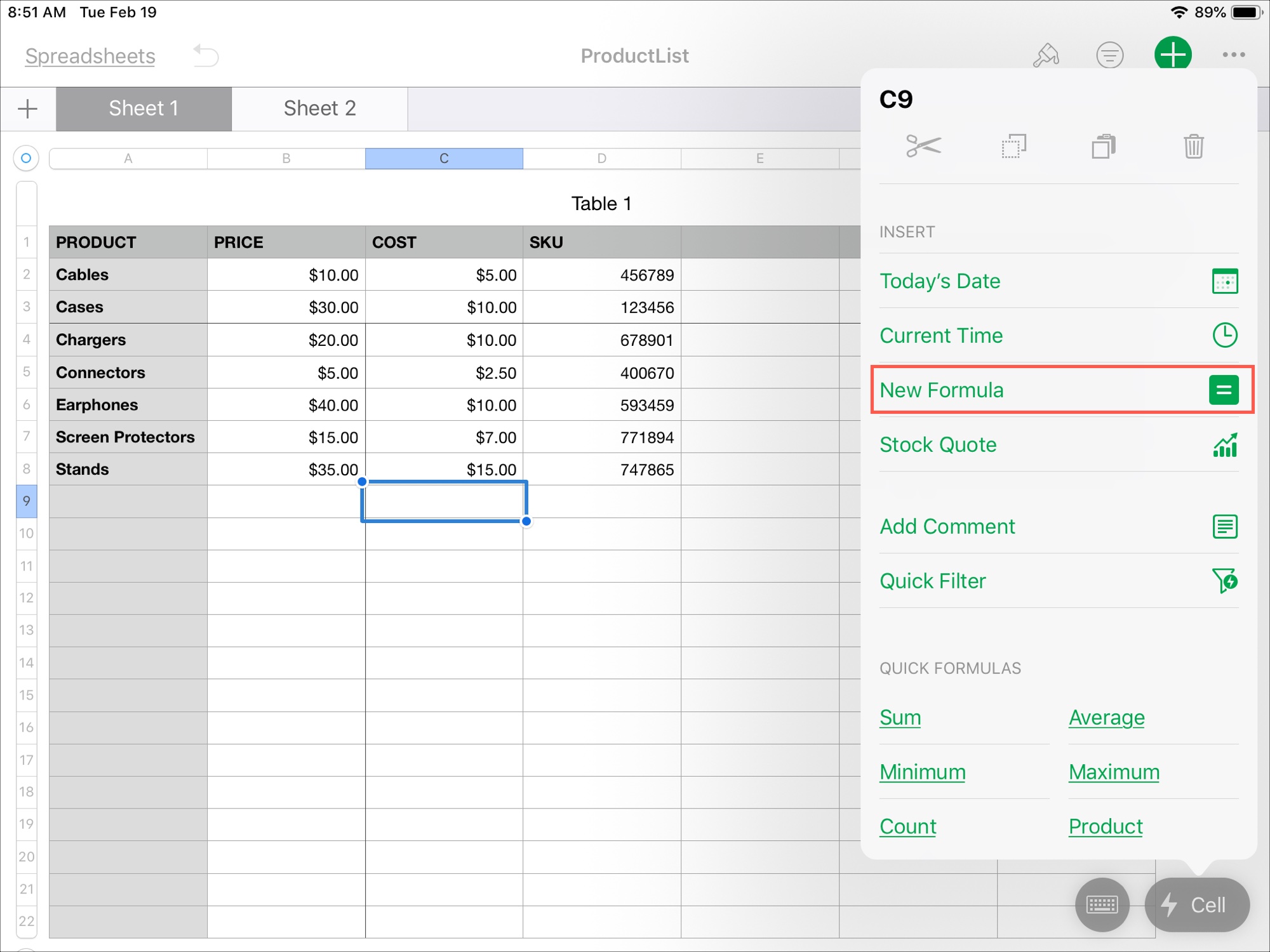 Insert formula in Numbers on iPad