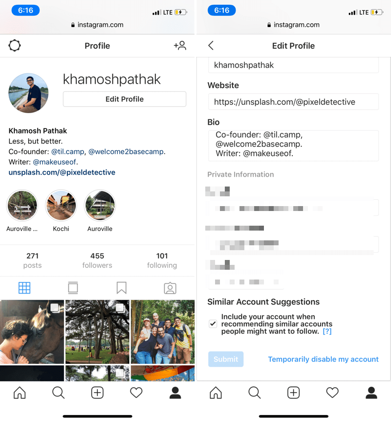 disable instagram account