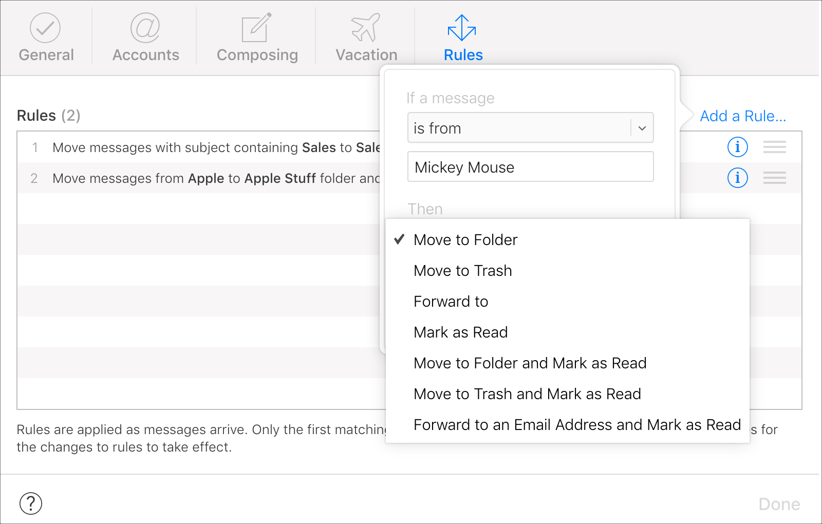 Set up Then dropdown in iCloud Mail Rules