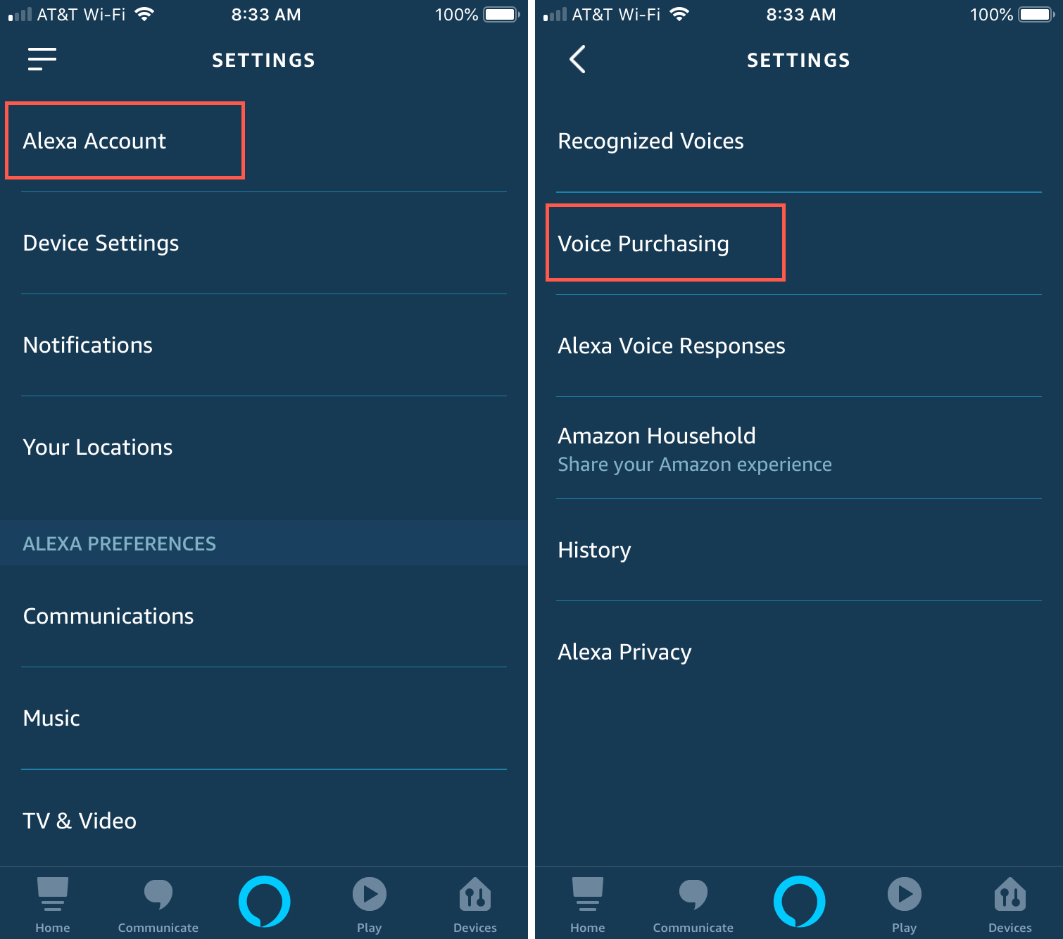 Alexa app settings Voice Purchasing iPhone