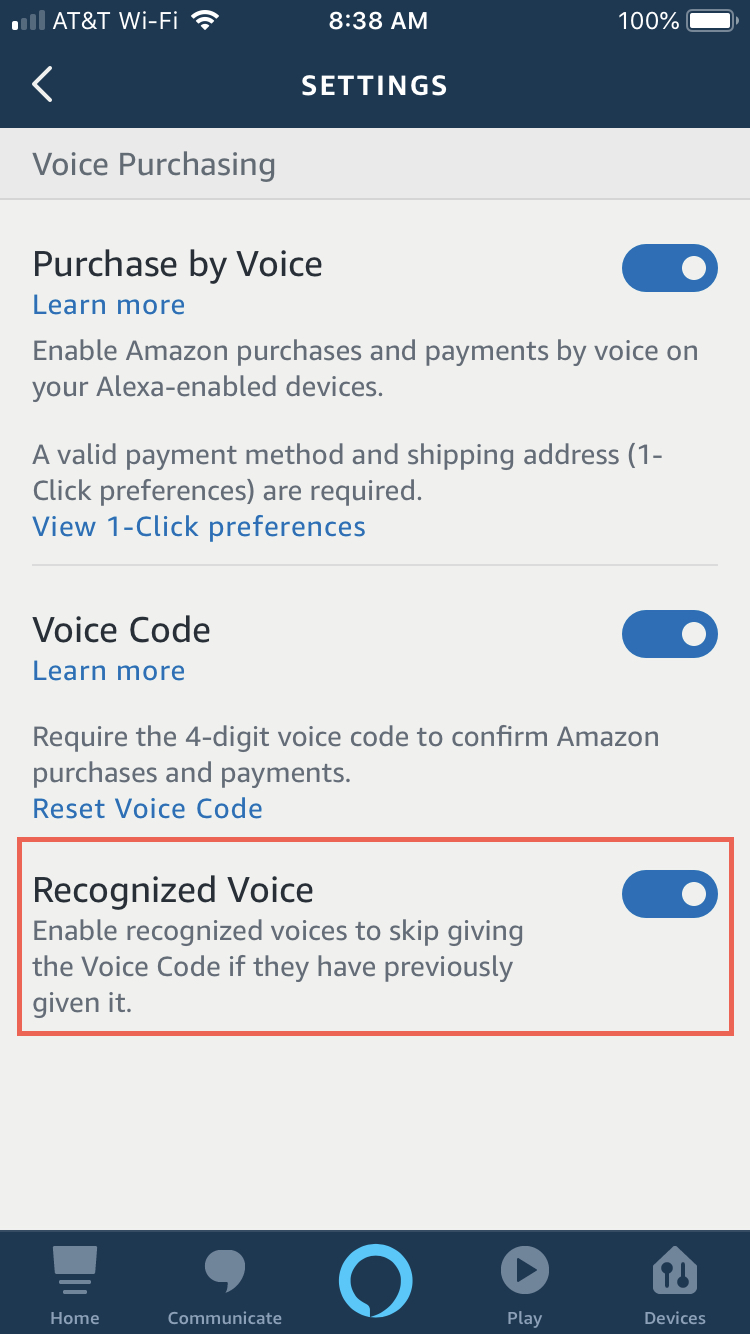 Alexa app settings with Recognized Voice iPhone