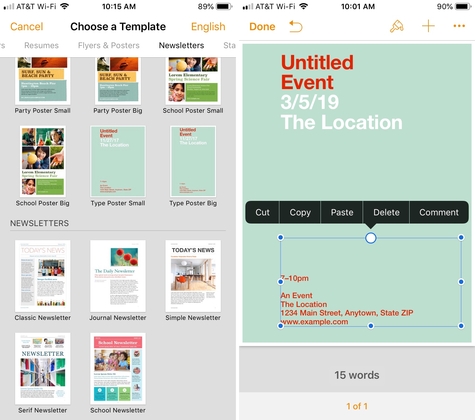 Choose Page Layout Document iPhone Pages