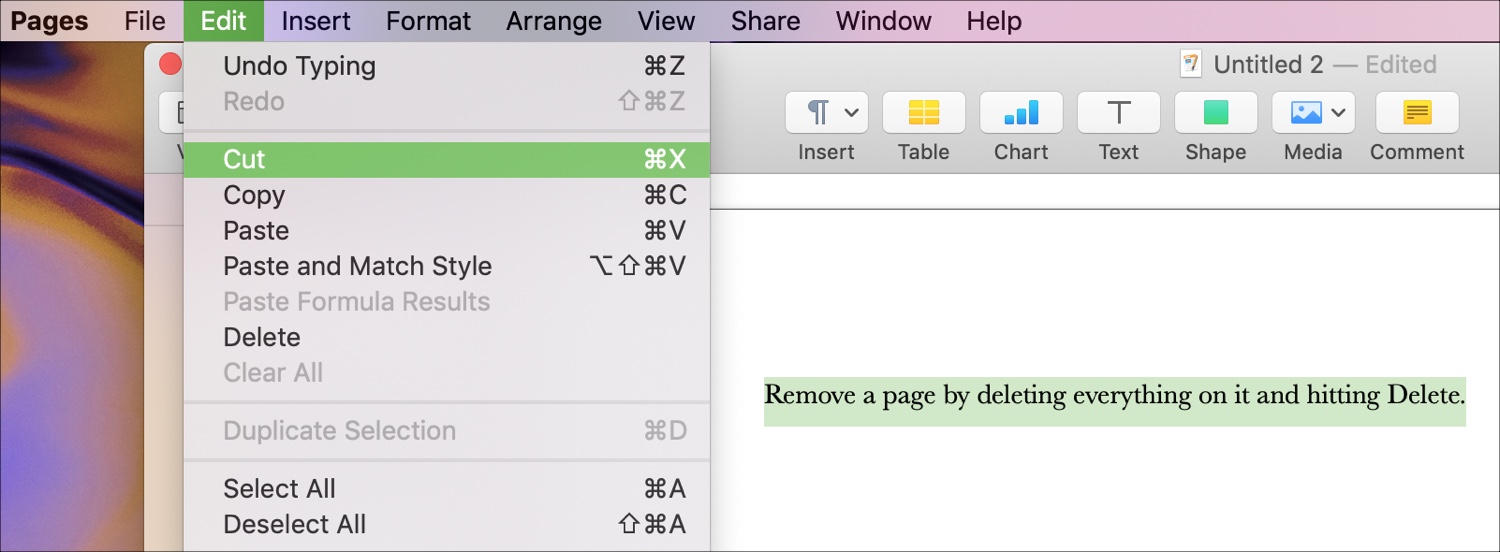 Delete Pages Word Processing doc Mac
