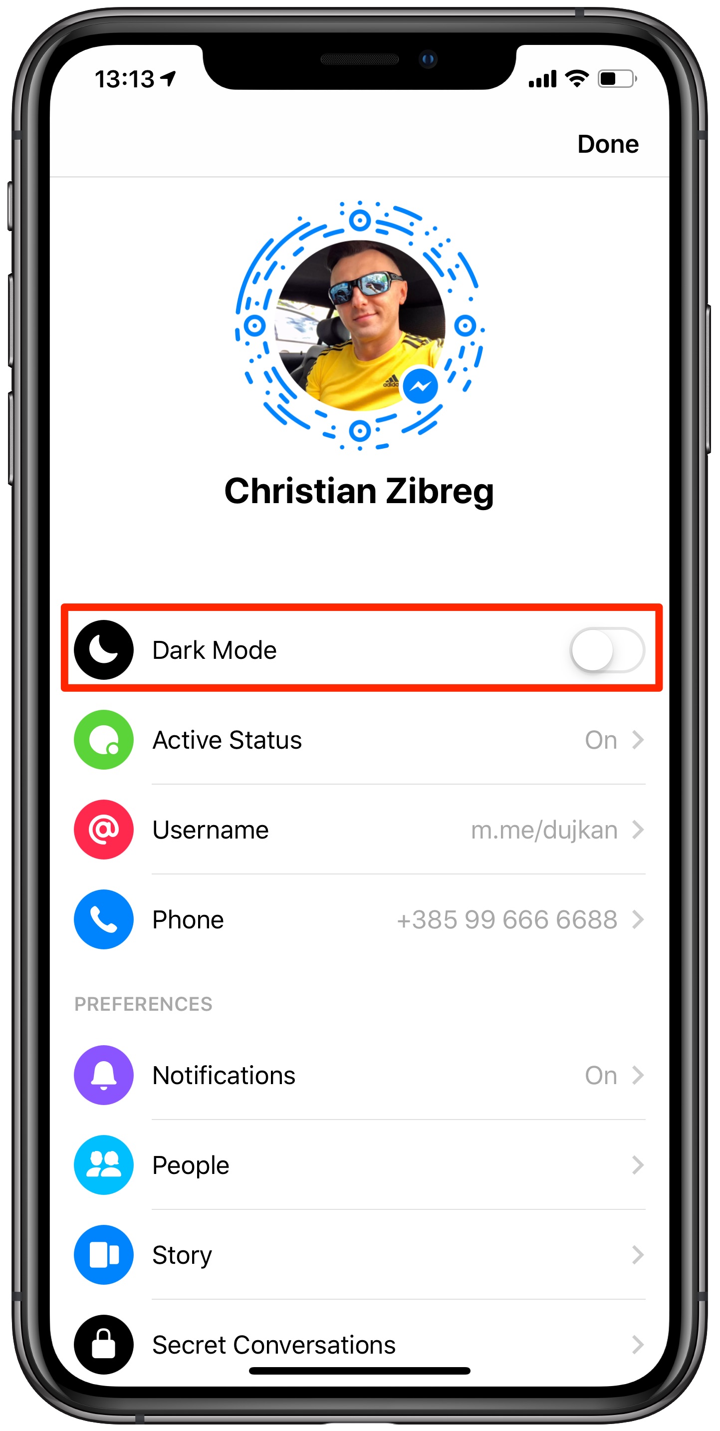 Messenger Dark Mode toggle in Settings