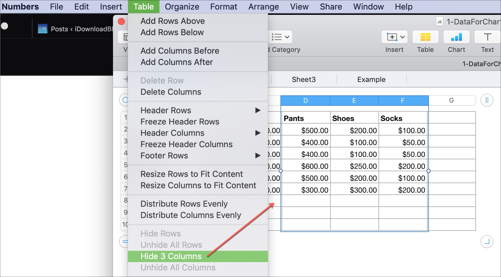 Hide Columns in Numbers on Mac