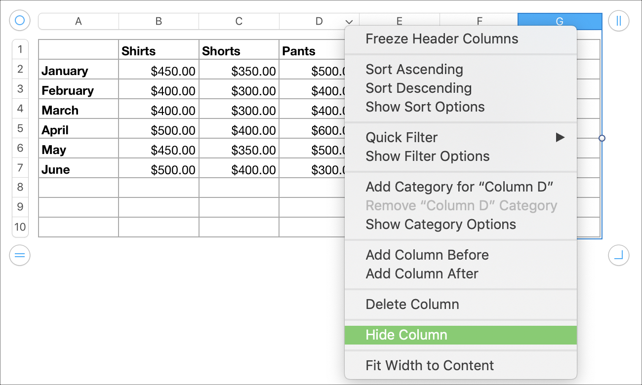 Hide a Column in Numbers on Mac