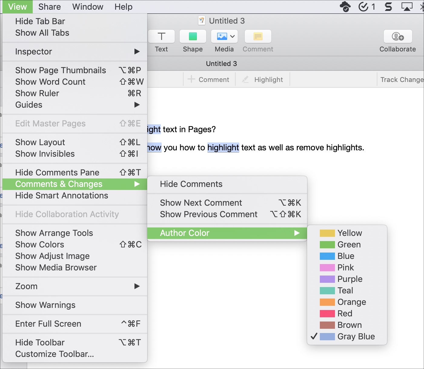 Highlight text color in Pages on Mac