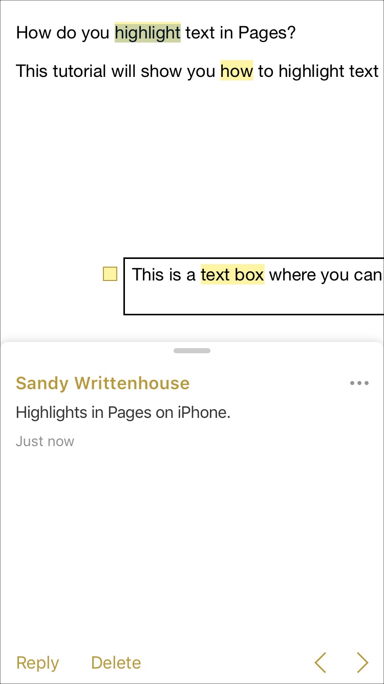 Highlight text comments in Pages on iPhone