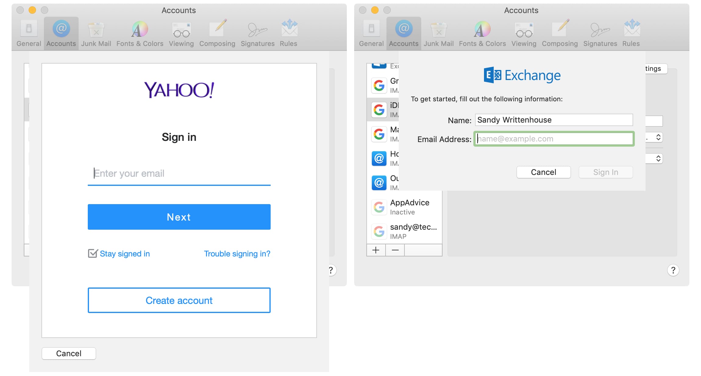 Add Yahoo or Exchange email account to Mail on Mac