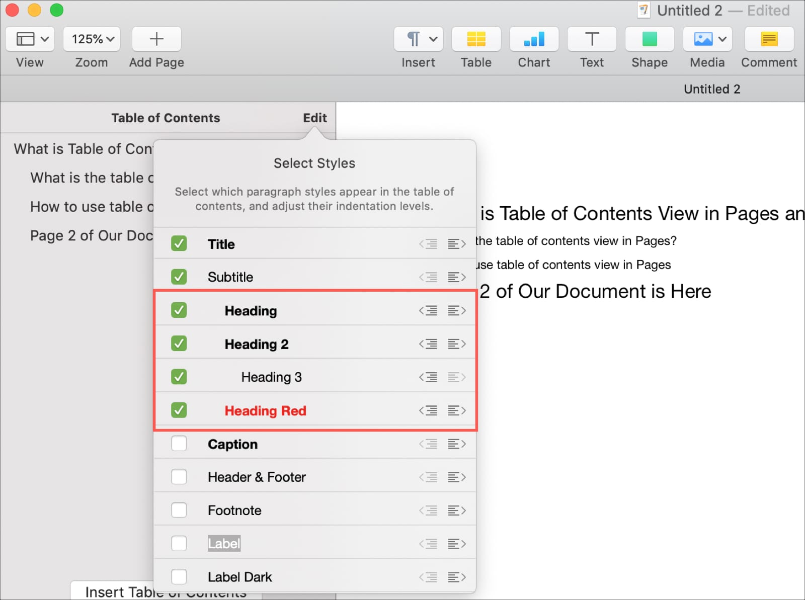 Change alignment in the TOC in Pages