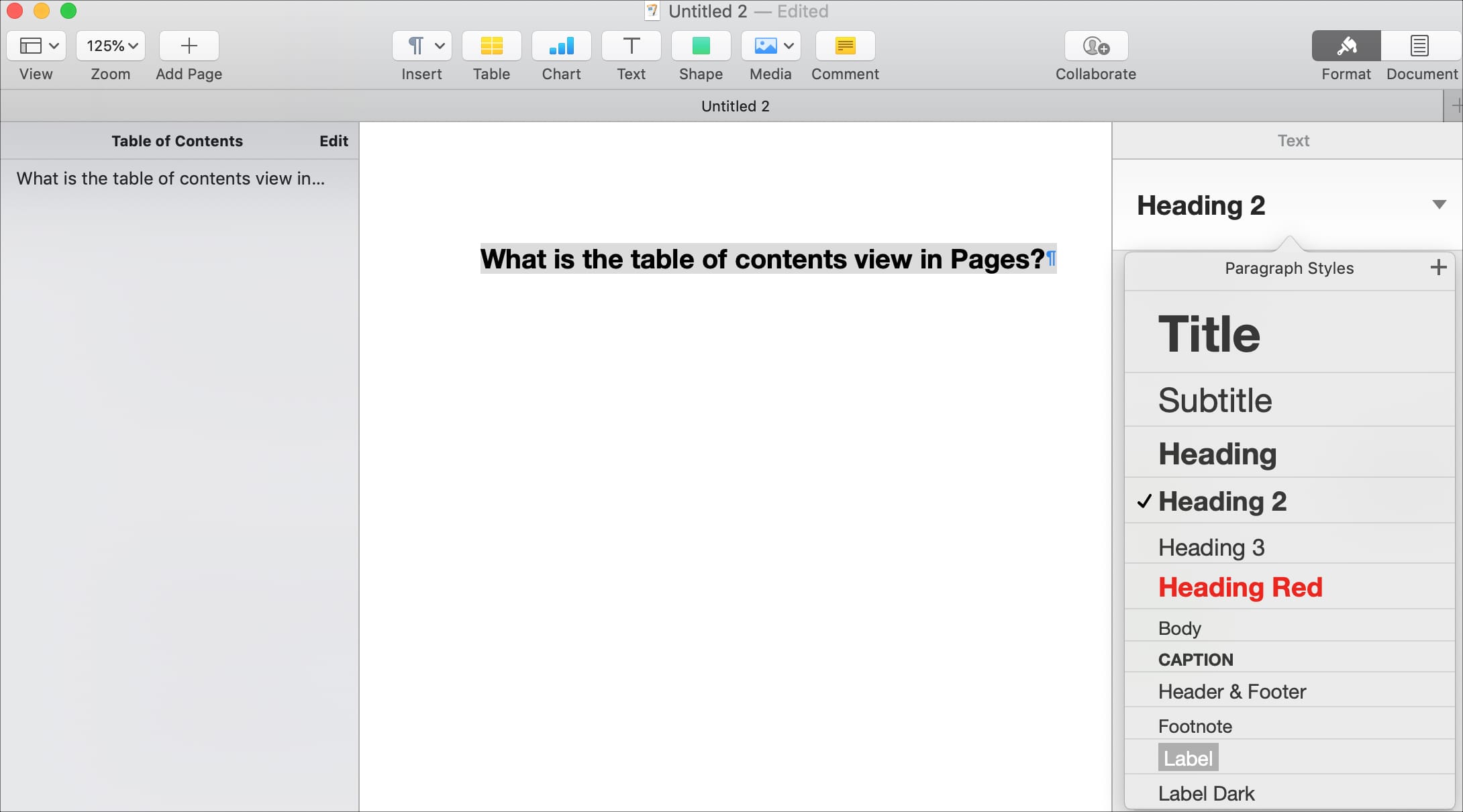 Change paragraph styles in Pages for the TOC