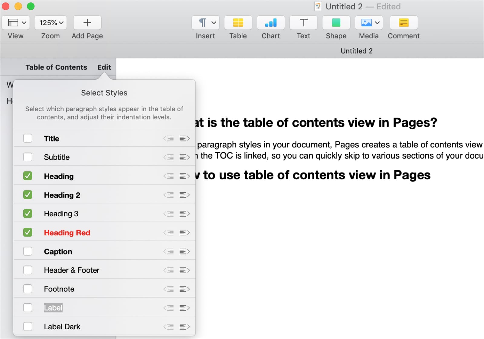 Change paragraph styles in the TOC in Pages