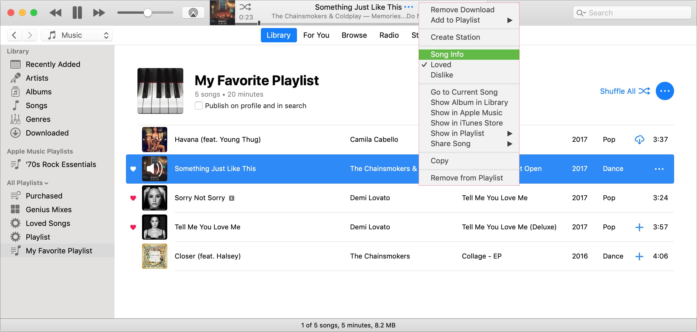 Song Info in Menu iTunes