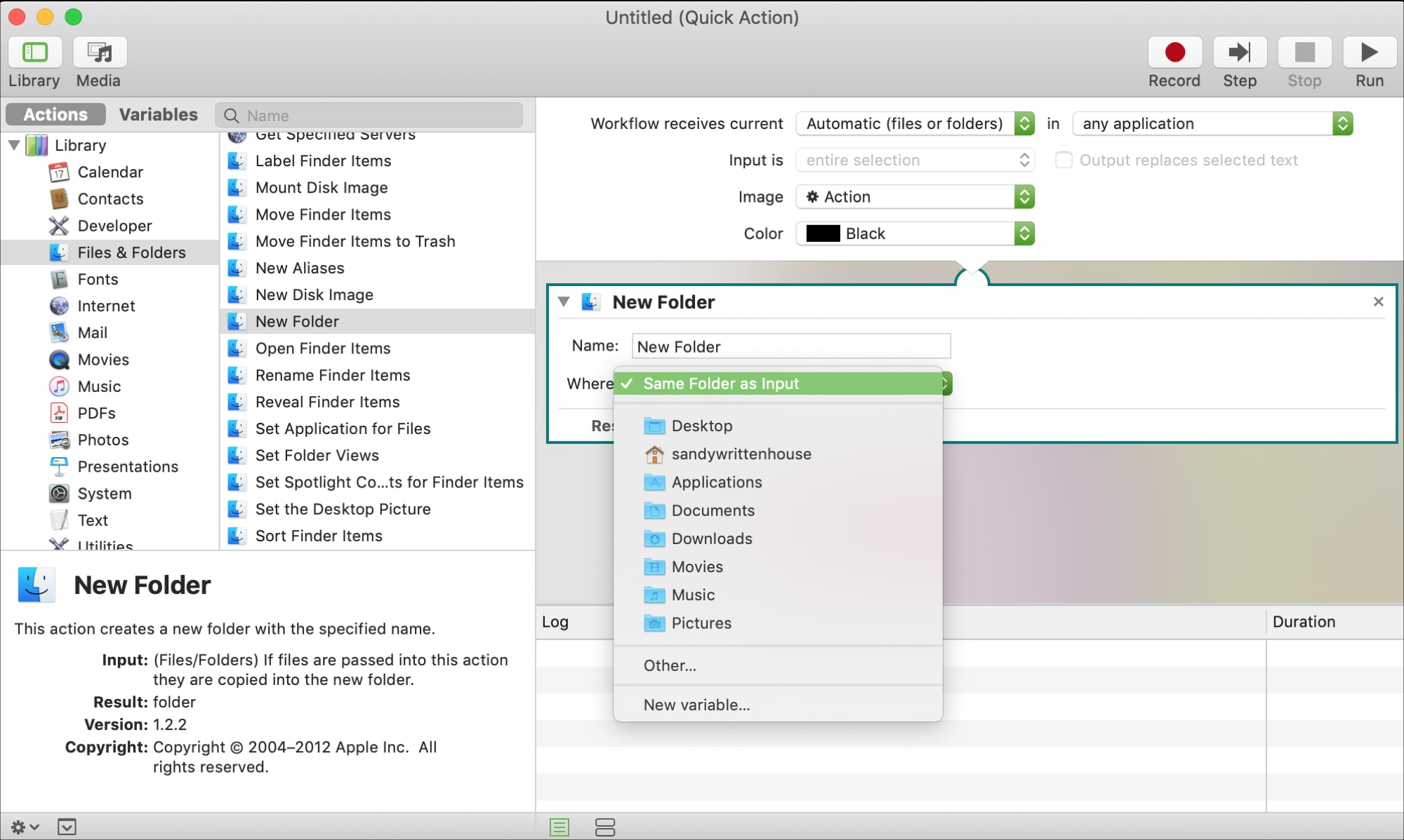 Automator New Folder Pick Where
