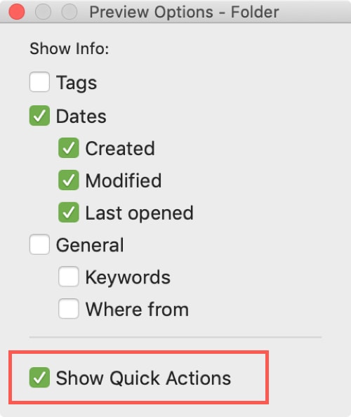 Finder Preview Options Show Quick Actions