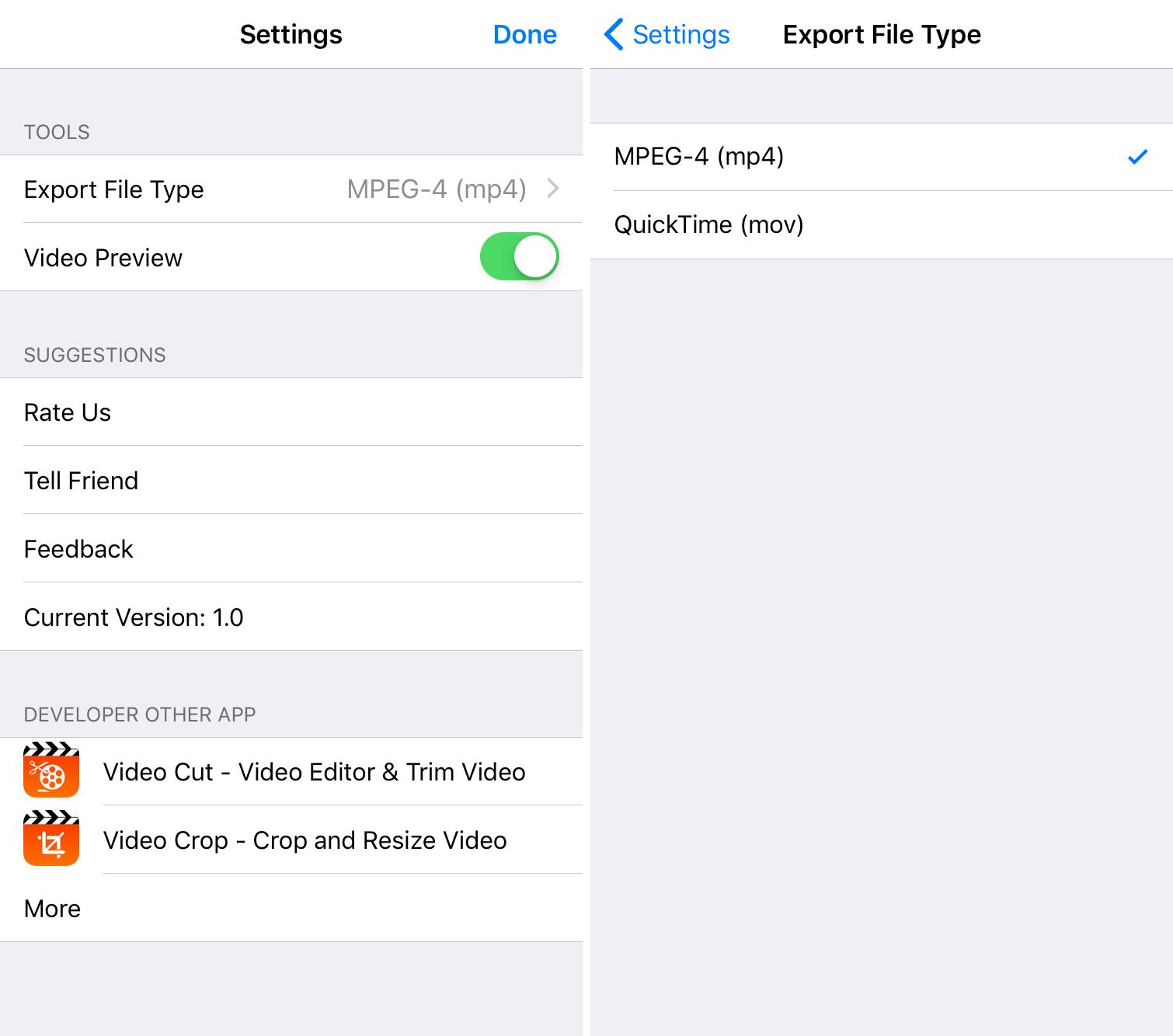 Video Compress app settings on iPhone