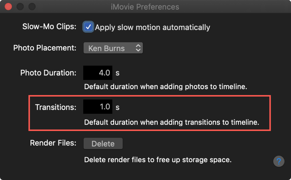 Change Transition Default Duration iMovie Mac