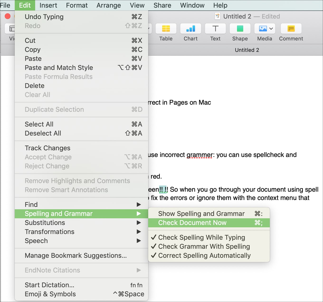 Spelling Grammar Check Menu Pages Mac