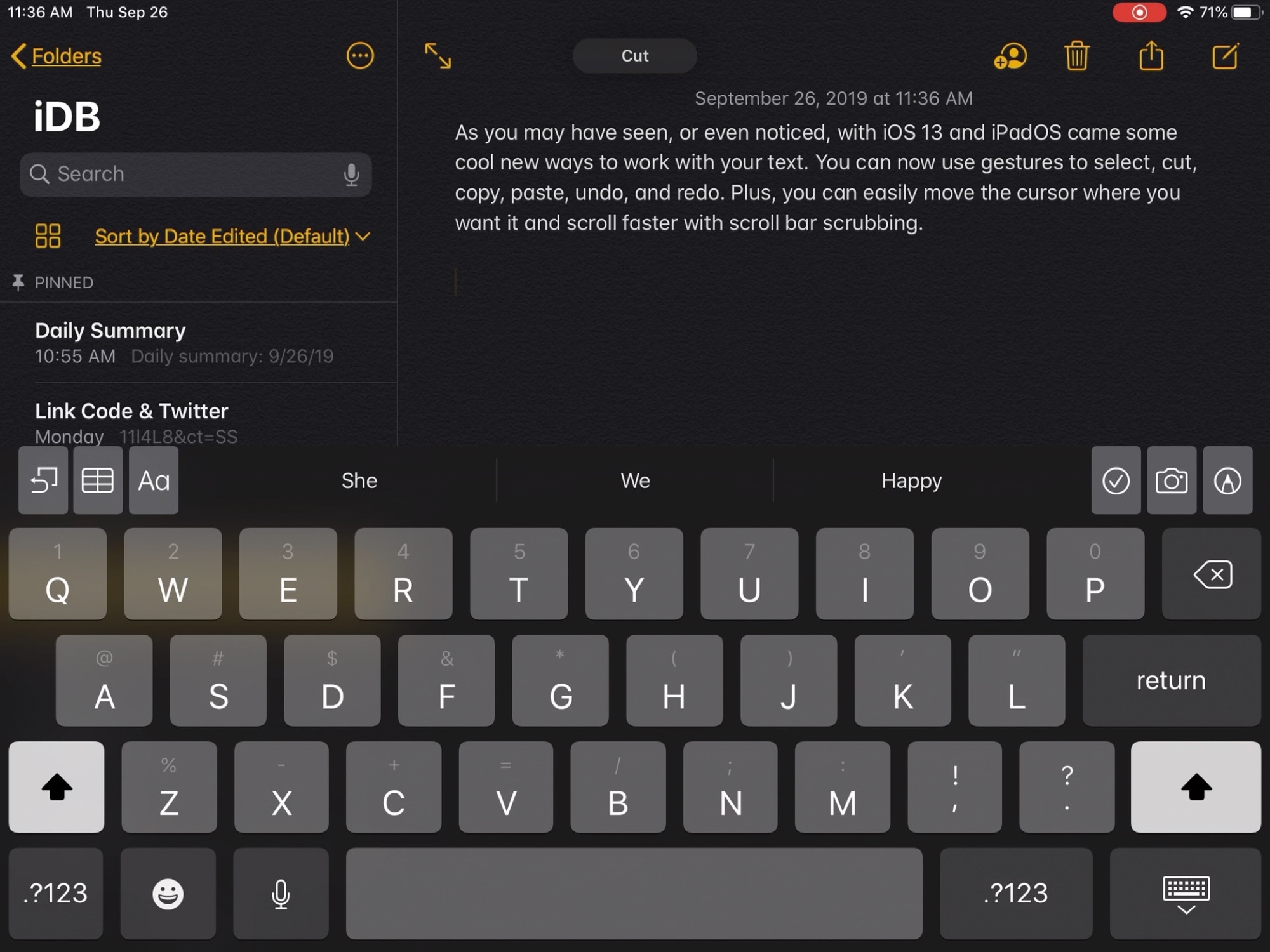 Cut on iPadOS Notes