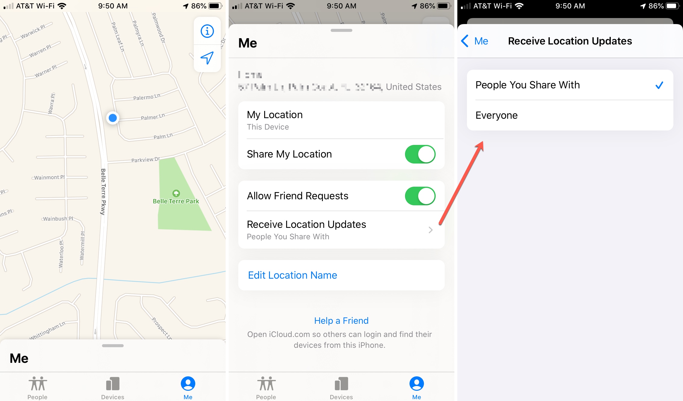 Find My app Me on iPhone