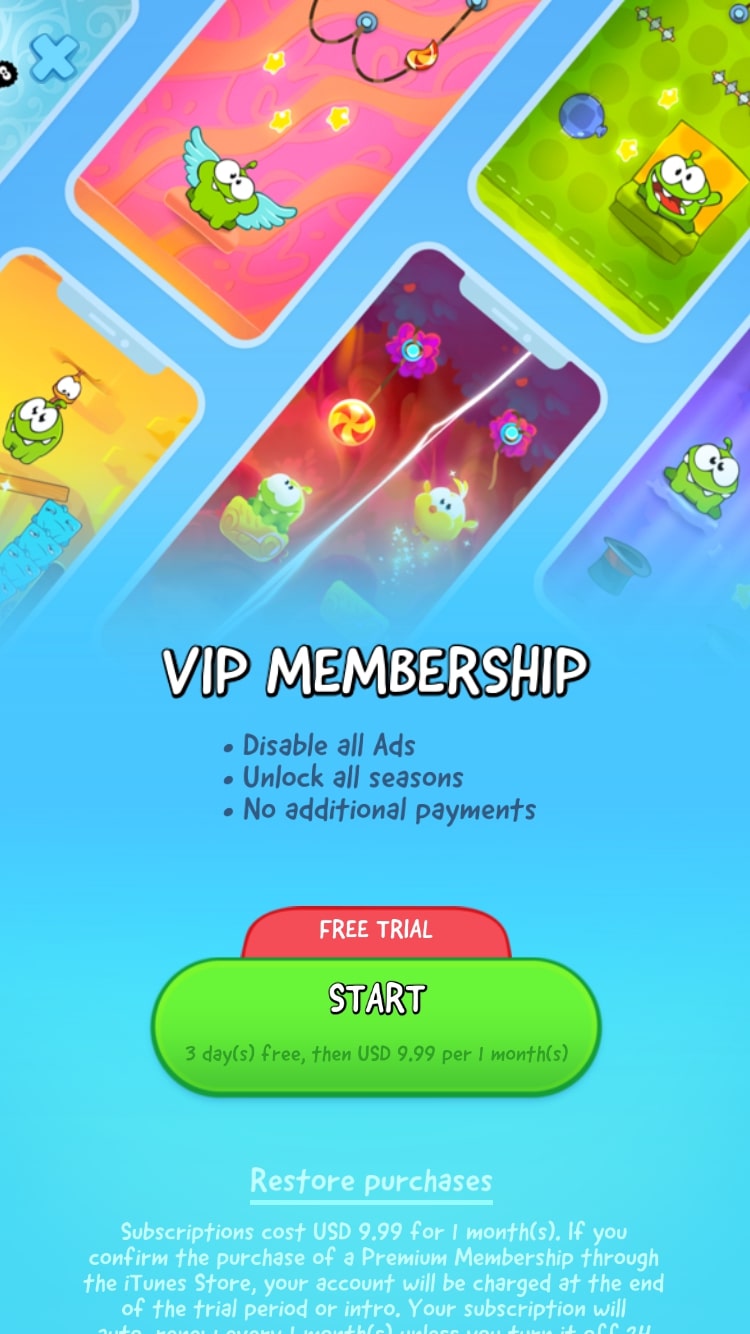 Cut the Rope subscription screen