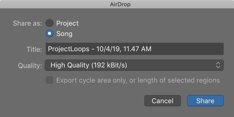 GarageBand Share to AirDrop Mac