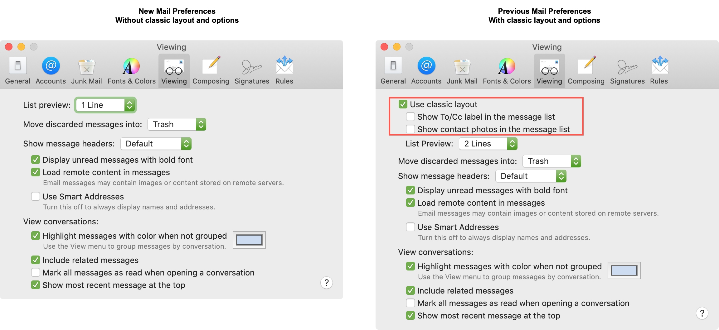 New and Previous Mail Preferences Mac