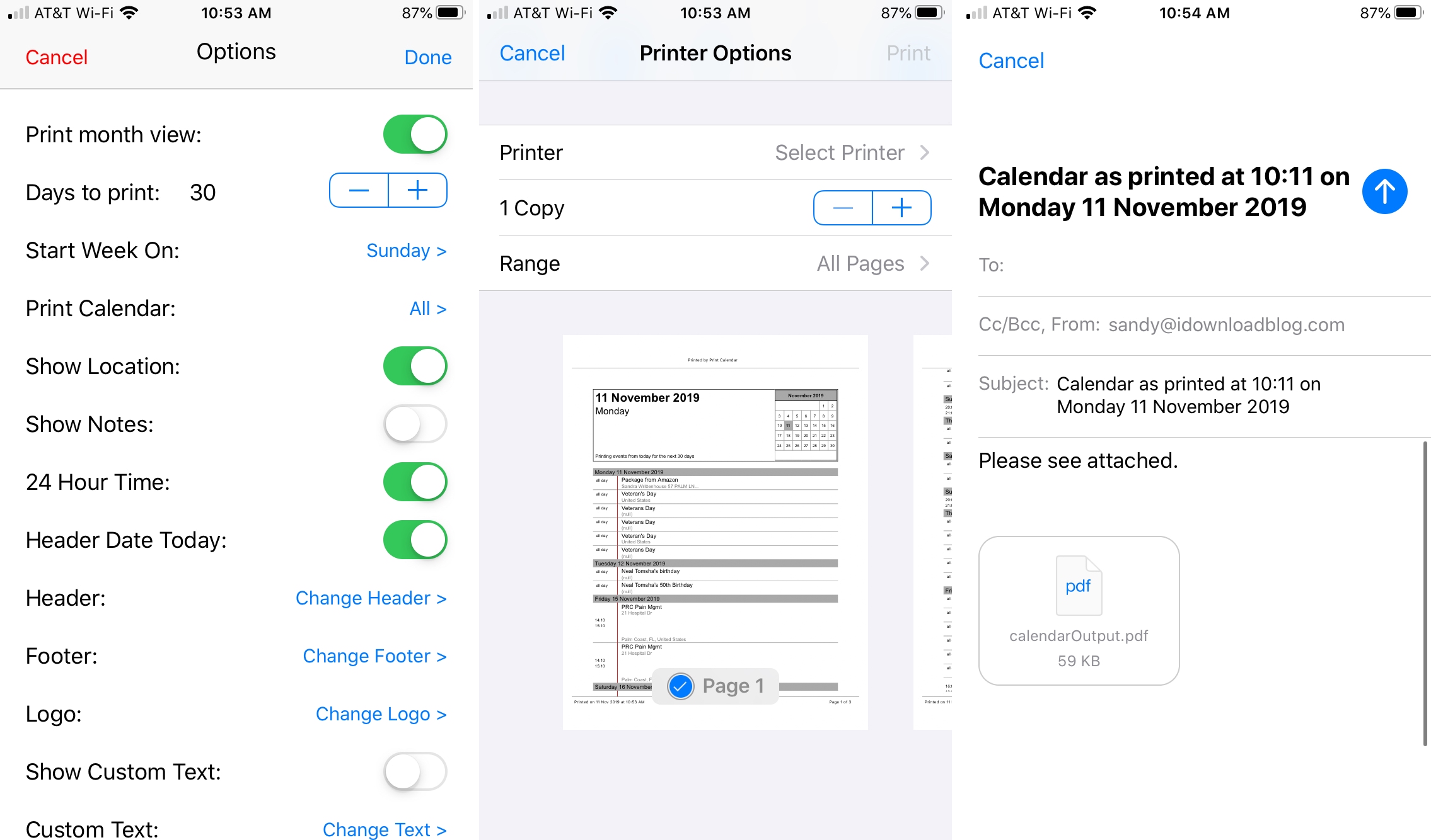Print Calendar app on iPhone