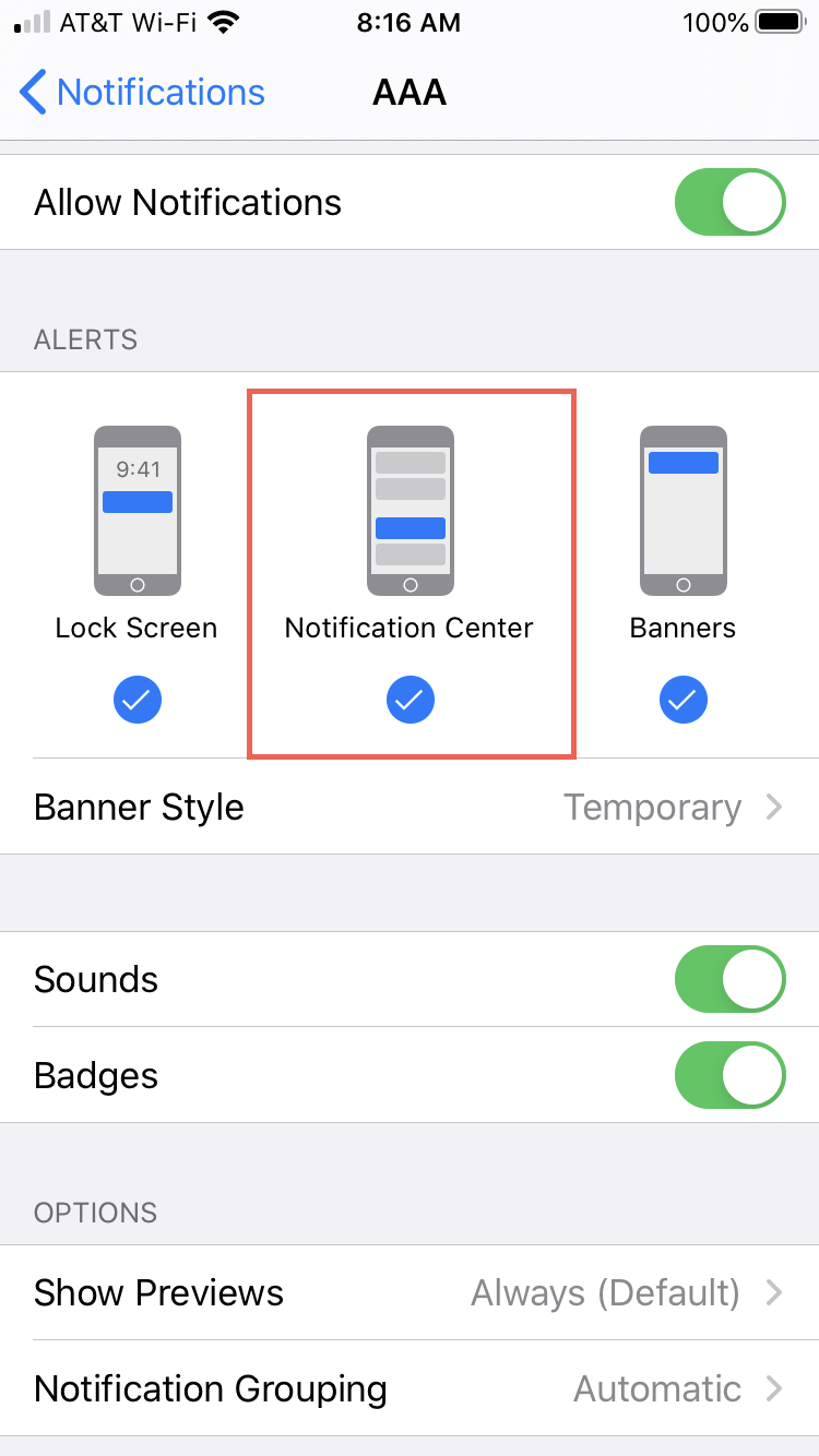 Settings Notification Center for app iPhone