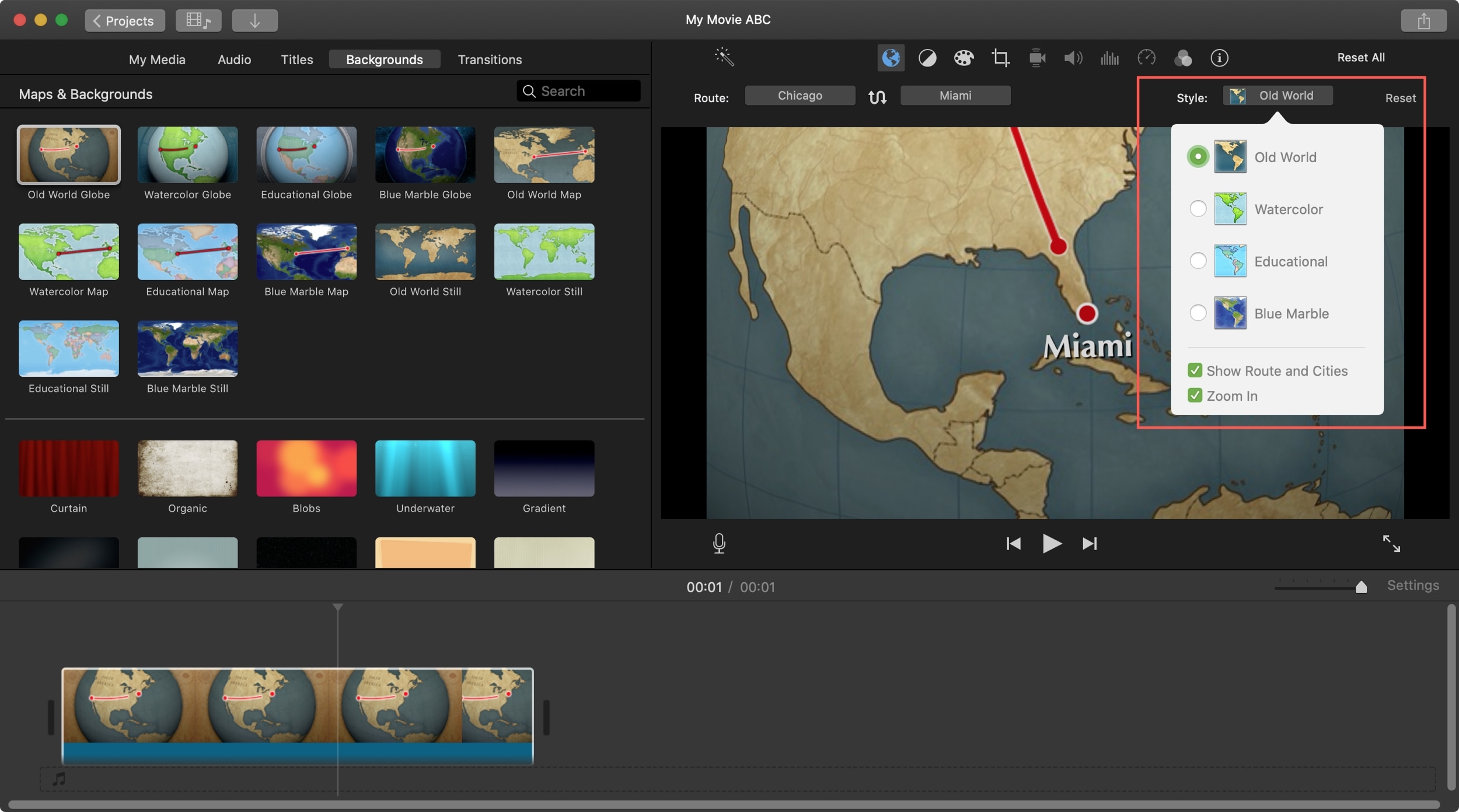Style animated map background iMovie Mac