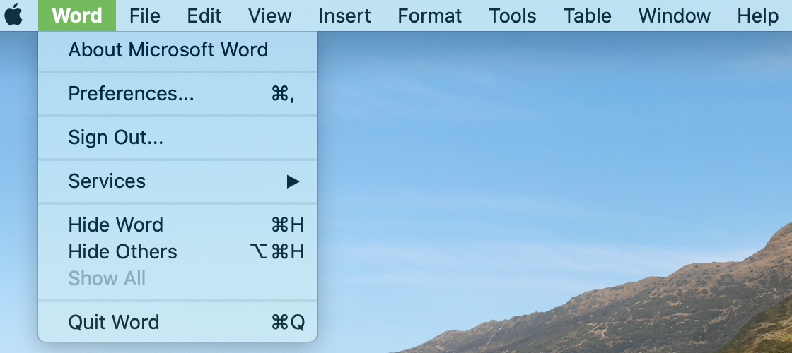 Word menu in Menu Bar Mac